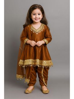 The Little Tales - Brown Mirror Flared Kurta And Dhoti With Dupatta