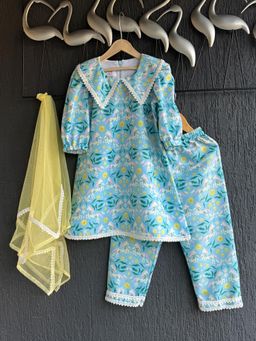 The Little Tales - Quirky Horse Printed Collared Kurta And Pant With Dupatta