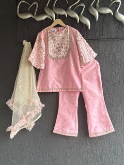The Little Tales - Baby Pink Silk Embroidered Kurta And Pant With Dupatta