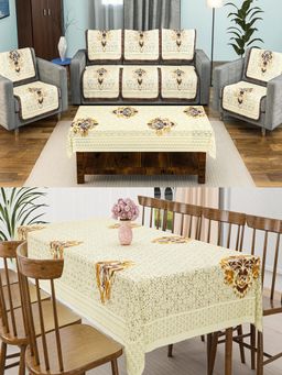 Kuber Industries - Set of 12 Cotton Sofa Centre & Dining Table Cover Combo - Yellow (5 Seater)