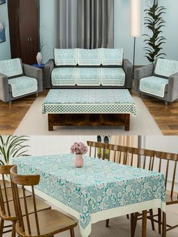 Kuber Industries - Set of 12 Cotton Sofa Centre & Dining Table Cover Combo - Green (5 Seater)