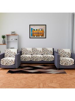 Kuber Industries - Pack of 10 Cream Side Flower Velvet Sofa Cover For Living Room - Cream (5 Seater)