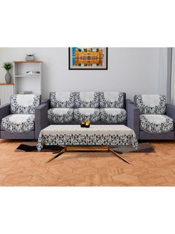 Kuber Industries - Velvet Blue Digital Leaf Sofa Cover With Table Cover Pack - Grey (5 Seater)