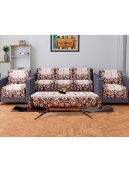 Kuber Industries - Velvet Brown Flower Sofa Cover With Table Cover Pack - Orange (5 Seater)