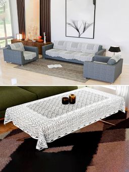 Kuber Industries - Zig Zag Print Net Sofa & Centre Table Cover Combo Pack - White (5 Seater)