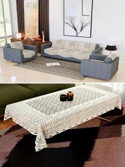 Kuber Industries - Zig Zag Print Net Sofa & Centre Table Cover Combo Pack - Cream (5 Seater)