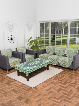 Kuber Industries - Floral Cotton Sofa Cover & Centre Table Cover For Living Room - Green (5 Seater)