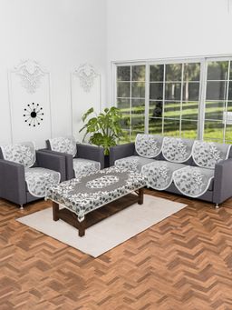 Kuber Industries - Floral Cotton Sofa Cover & Centre Table Cover For Living Room - Grey (5 Seater)