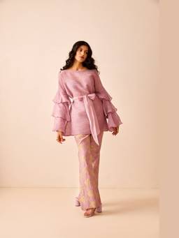 THE RIGHT CUT - Lavender Chanderi Silk Applique Embroidered Pant with Top