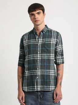 The Bear House - Men Grey Checked Slim Fit Cotton Casual Shirt