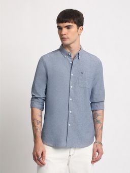 The Bear House - Men Blue Solid Slim Fit Cotton Casual Shirt
