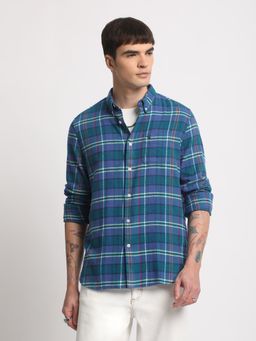 The Bear House - Men Blue Checked Slim Fit Flannel Cotton Casual Shirt