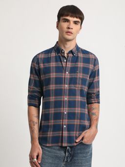 The Bear House - Men Blue Checked Slim Fit Cotton Casual Shirt