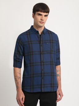 The Bear House - Men Blue Checked Slim Fit Cotton Casual Shirt
