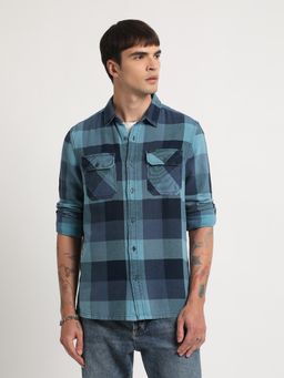 The Bear House - Men Blue Checked Slim Fit Cotton Casual Shirt With Flap Pockets