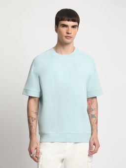 The Bear House - Men Blue Solid Drop Shoulder Relaxed Fit Cotton T-Shirt