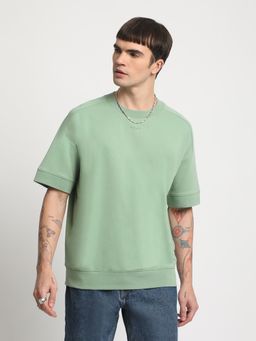 The Bear House - Men Green Solid Drop Shoulder Relaxed Fit Cotton T-Shirt
