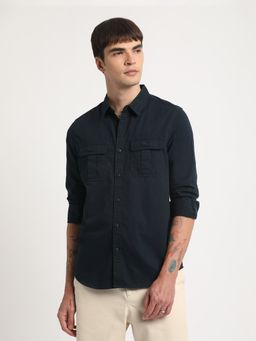 The Bear House - Men Blue Solid Fit Cotton Casual Shirt With Flap Pocket