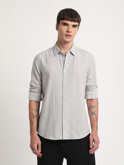 The Bear House - Men Grey Self Design Slim Fit Cotton Casual Shirt