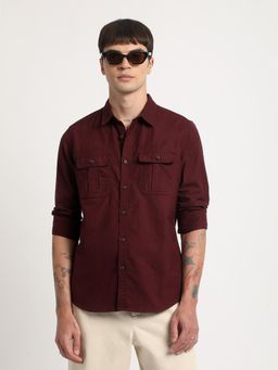 The Bear House - Men Maroon Solid Slim Fit Cotton Casual Shirt