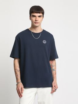 The Bear House - Men Blue Printed Loose Fit Cotton Round Neck T-Shirt