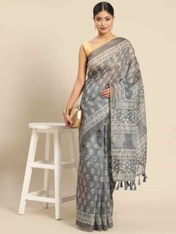 Silk Land - Womens Pure Cotton Grey Block Print Saree with Unstitched Blouse