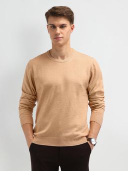 Arrow - Beige Solid Full Sleeves Round Neck Sweaters