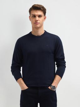 Arrow - Navy Blue Solid Full Sleeves Round Neck Sweaters