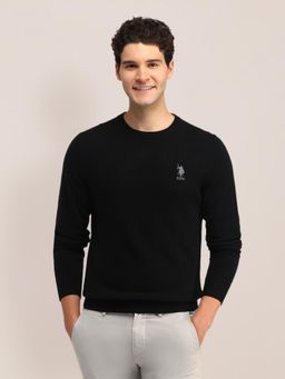 U.S. POLO ASSN. - Black Textured Full Sleeves Round Neck Sweaters