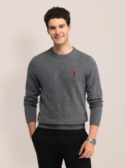 U.S. POLO ASSN. - Grey Textured Full Sleeves Round Neck Sweaters