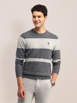 U.S. POLO ASSN. - Grey Colorblock Full Sleeves Round Neck Sweaters