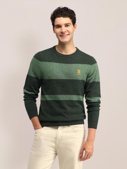 U.S. POLO ASSN. - Green Colorblock Full Sleeves Round Neck Sweaters