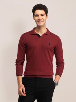 U.S. POLO ASSN. - Maroon Solid Full Sleeves Collar Neck Sweaters