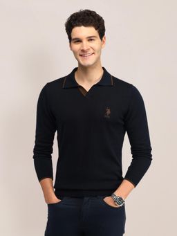 U.S. POLO ASSN. - Navy Blue Solid Full Sleeves Collar Neck Sweaters