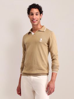 U.S. POLO ASSN. - Beige Solid Full Sleeves Collar Neck Sweaters