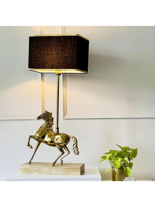 CasaGold Antique Brass Finish Metal Design Horse Table Lamp with Wooden Base