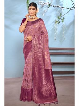 Sangam Prints - Pink Cotton Woven Zari Work Traditional Tassel Saree with Unstitched Blouse