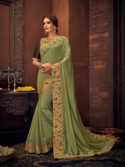 Odette - Green Silk Georgette Designer Saree with Unstitched Blouse