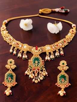 OOMPH - Multi-Color Gold Heritage Rajwadi Necklace with Earrings