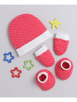 Bumzee - Pink & White Girls Cotton Cap Mitten Bootie Set Age - 0-3 Months
