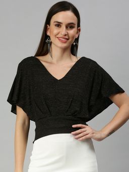 SHOWOFFFF - Women V-Neck Shimmer Black Regular Top