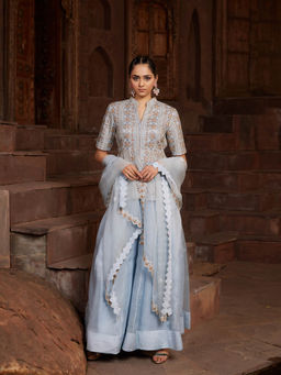 House of Supriya - Powder Blue Embellished Kurta & Sharara with Dupatta (Set of 3)
