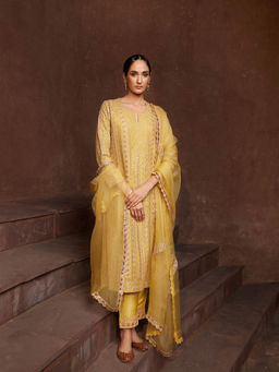 House of Supriya - Mustard Embroidered Crepe Kurta with Pant & Dupatta (Set of 3)