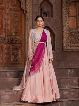House of Supriya - Peach Organza Lehenga-Stitched Blouse with Shrug & Dupatta (Set of 4)