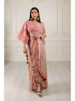 House of Supriya - Silk Georgette Peach Lehenga & Stitched Blouse with Dupatta (Set of 3)