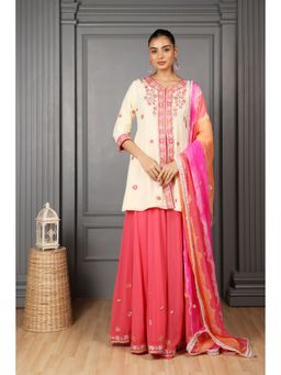 House of Supriya - Off White Embroidered Kurta & Sharara with Dupatta (Set of 3)