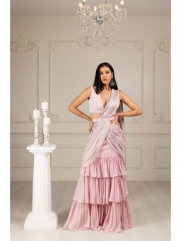 House of Supriya - Pink Embroidered Drape Saree with Stitched Blouse
