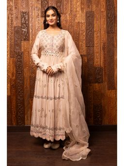 House of Supriya - Light Pink Silk Chanderi Anarkali Kurta & Pant with Dupatta (Set of 3)