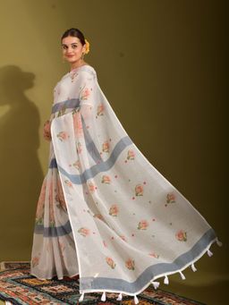Odette - White Linen Designer Saree with Unstitched Blouse