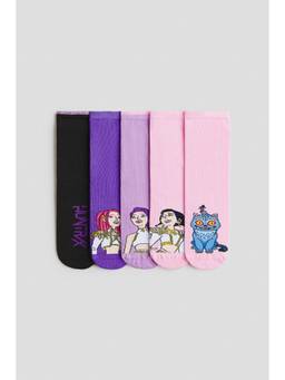 H&M - Girls Multi-Color 5-Pack Motif-Detail Socks